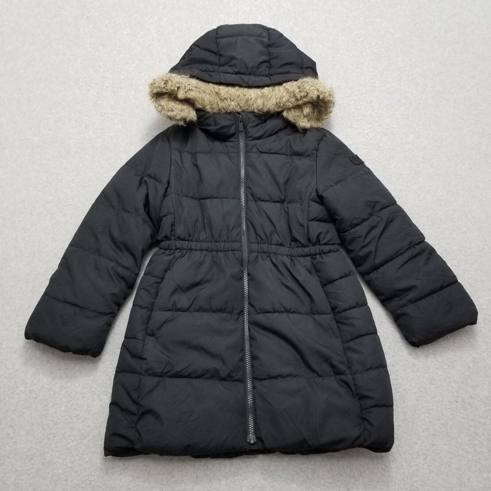 Gap Puffer Jacket Kids Small Black Full Zip Girls Pockets Hooded Faux Fur